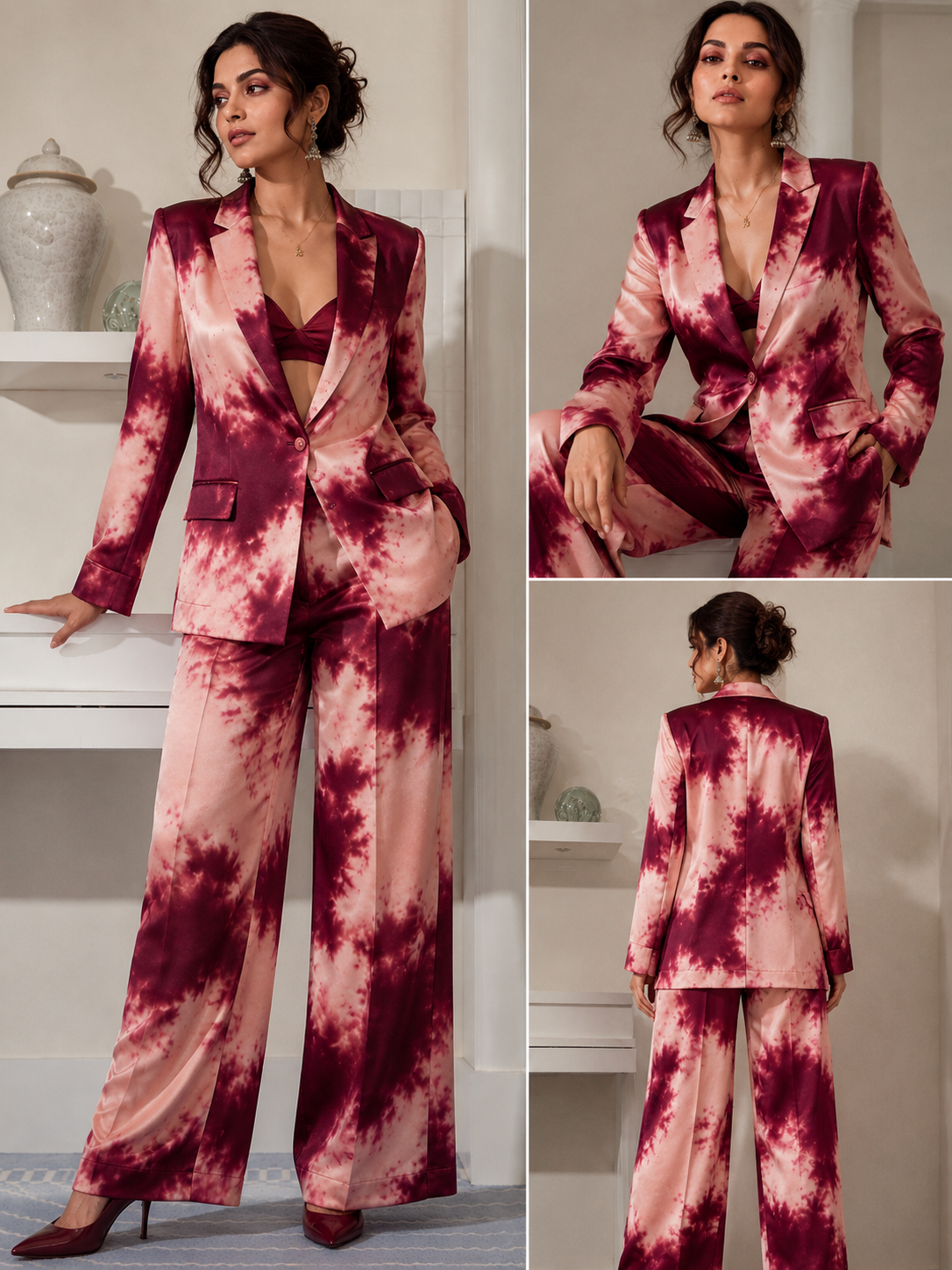 Burgundy & Pink Printed Blazer Set