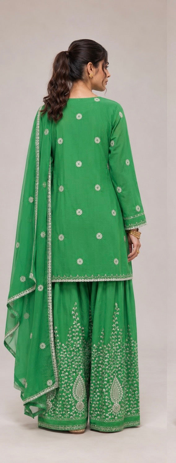 Emerald Green Embroidered Sharara Suit Set