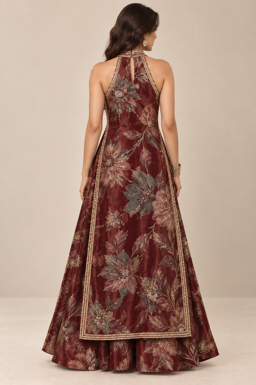 Burgundy Bloom Velvet Anarkali Set