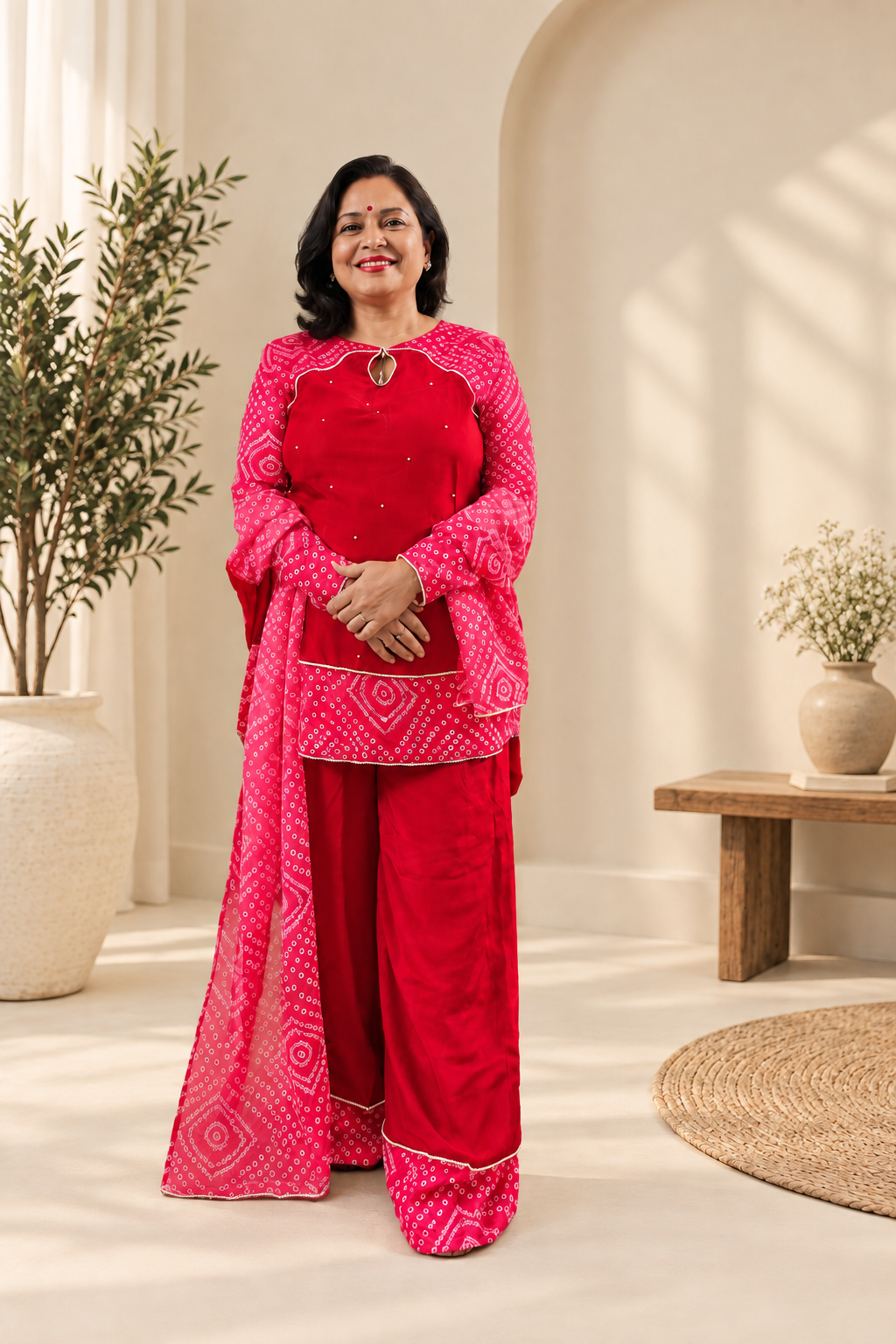 Ruby Bandhani Embroidered Suit Set