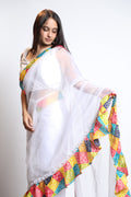 Rangrez Ivory Organza Saree with Multicolor Bandhani Border