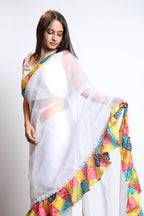 Rangrez Ivory Organza Saree with Multicolor Bandhani Border
