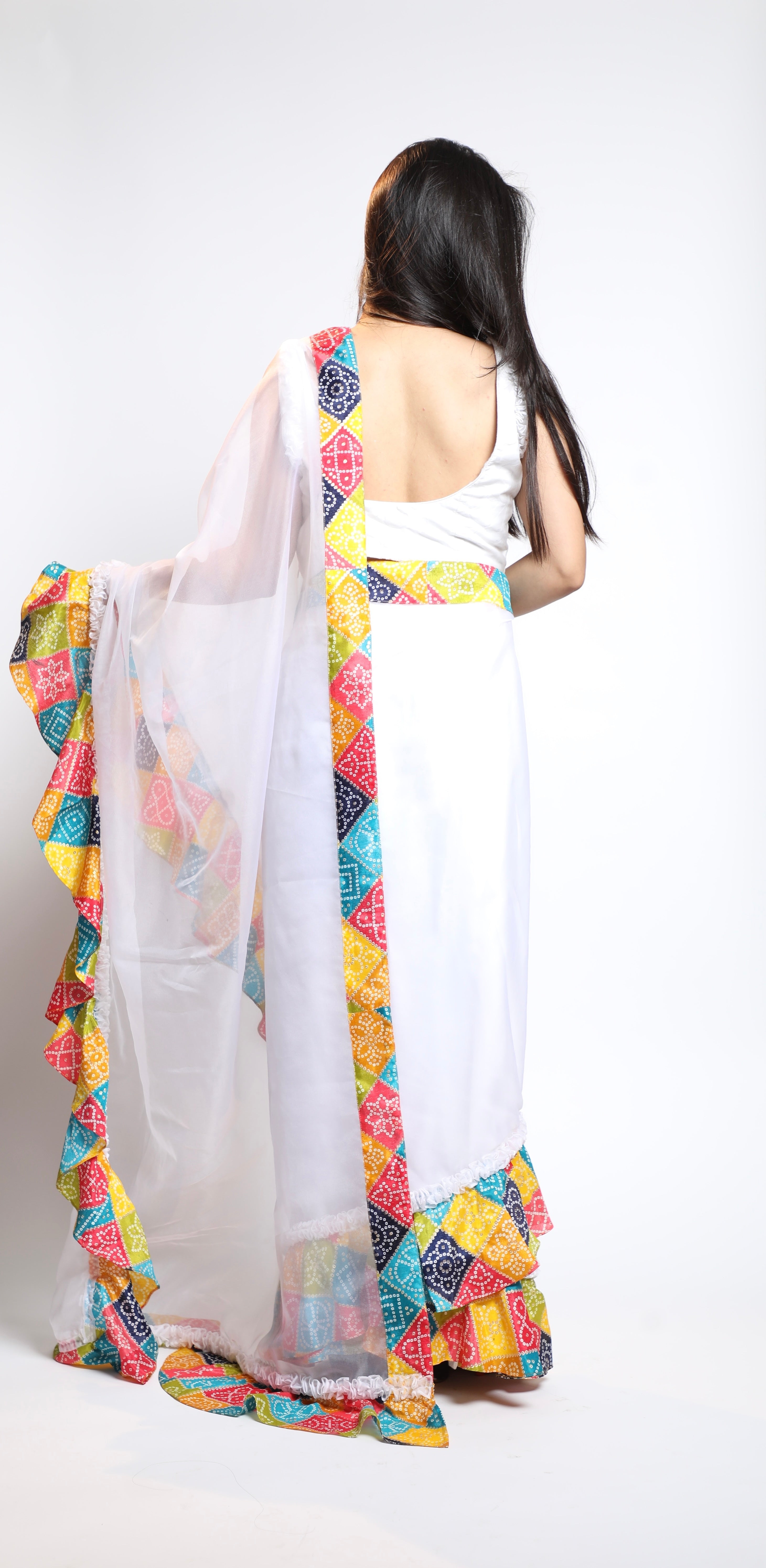 Rangrez Ivory Organza Saree with Multicolor Bandhani Border