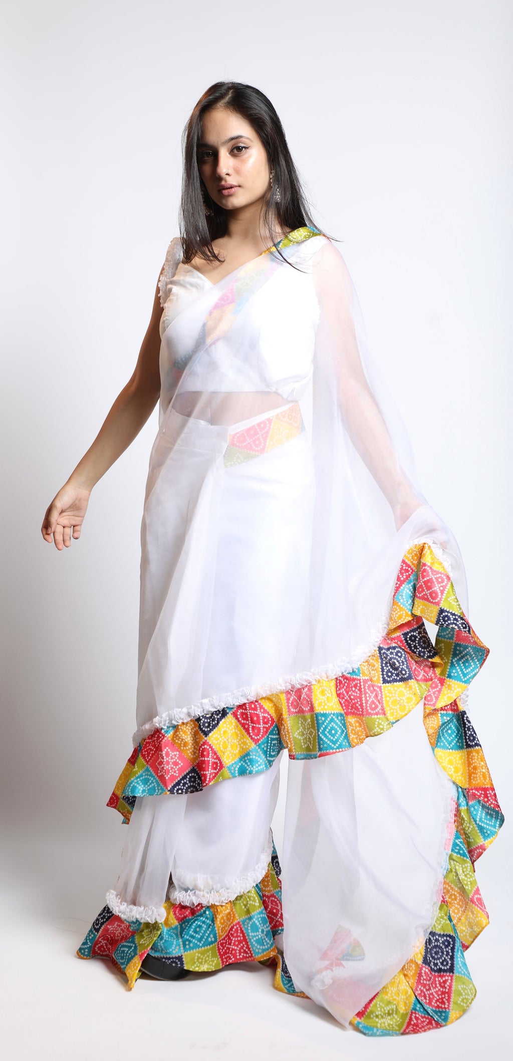 Rangrez Ivory Organza Saree with Multicolor Bandhani Border