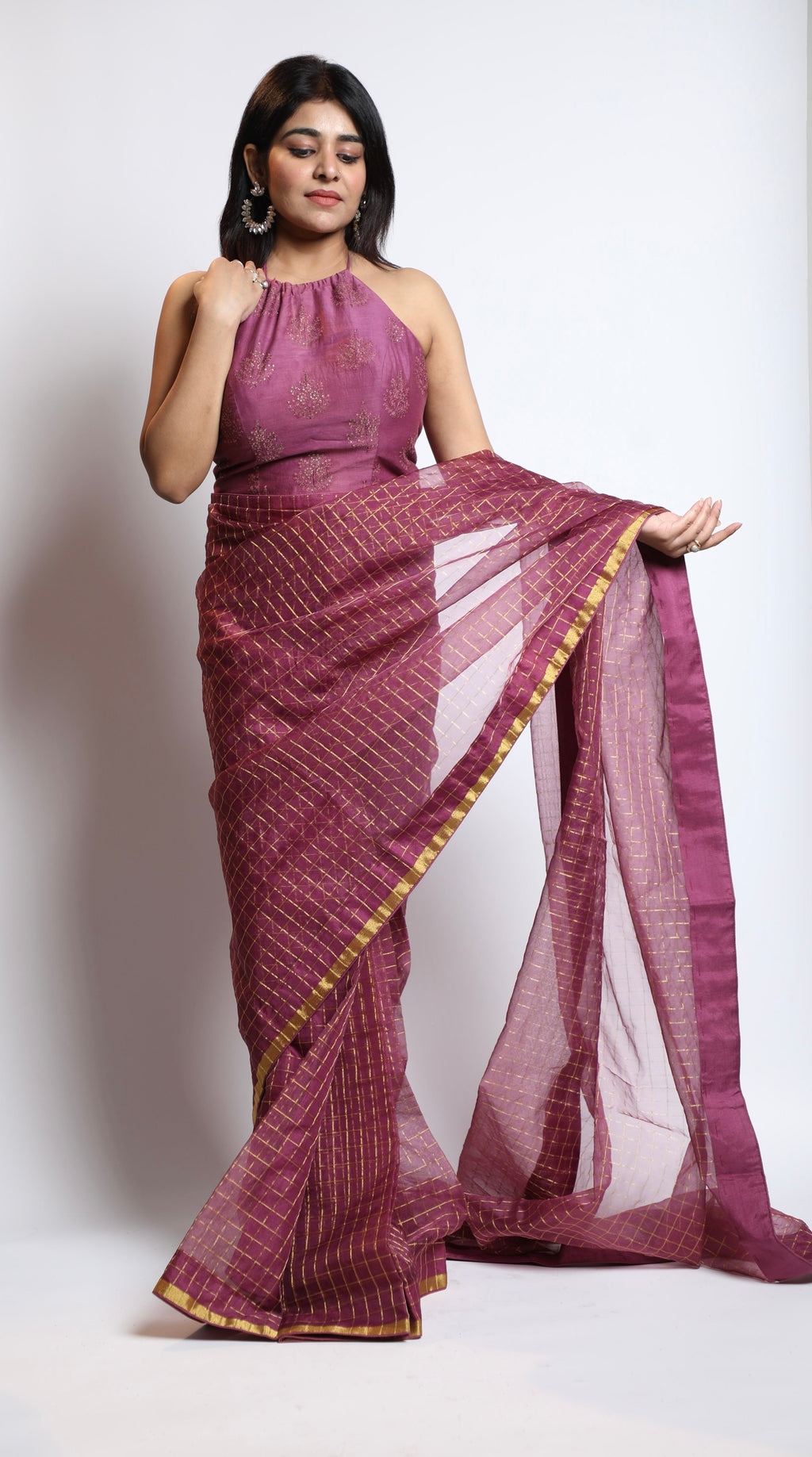 Golden Lattice Wine Saree Women's
