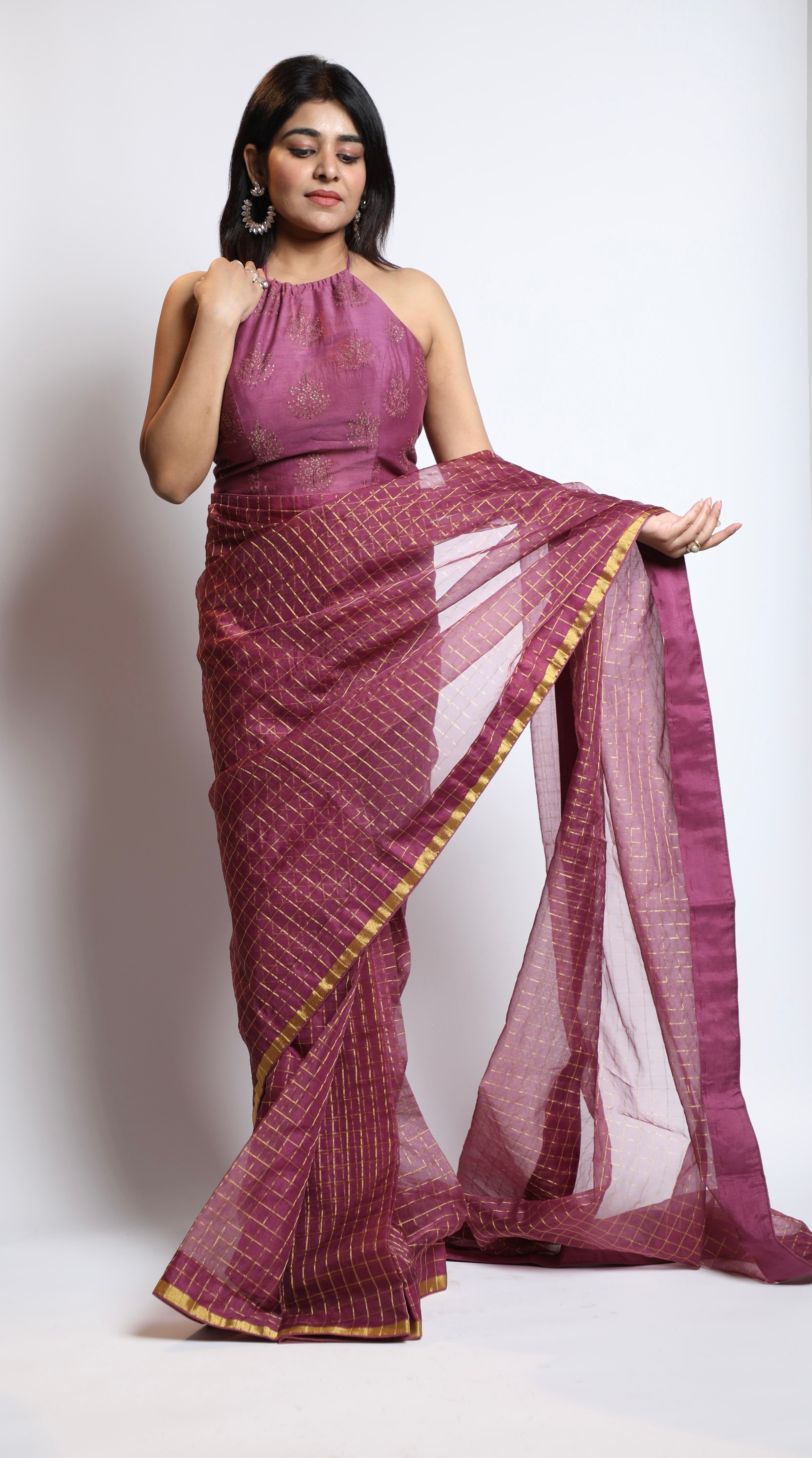 Golden Lattice Wine Saree Women's