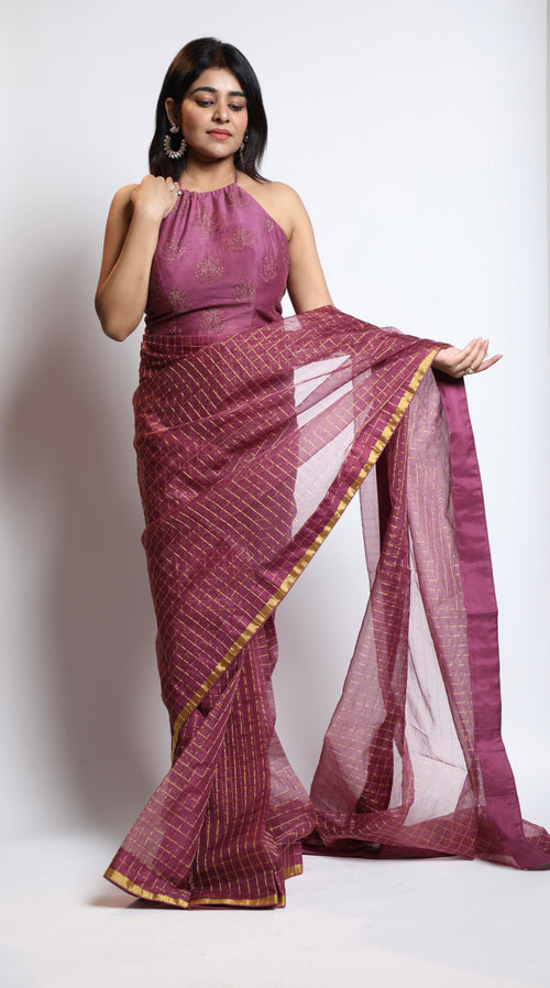Golden Lattice Wine Saree Women's