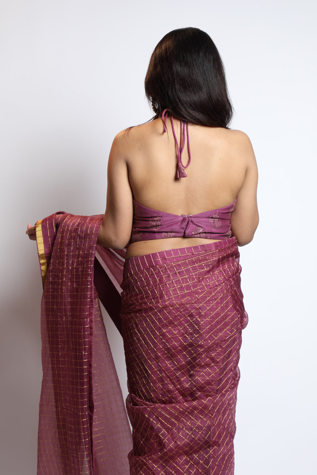 Golden Lattice Wine Saree Women's
