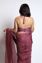 Golden Lattice Wine Saree Women's