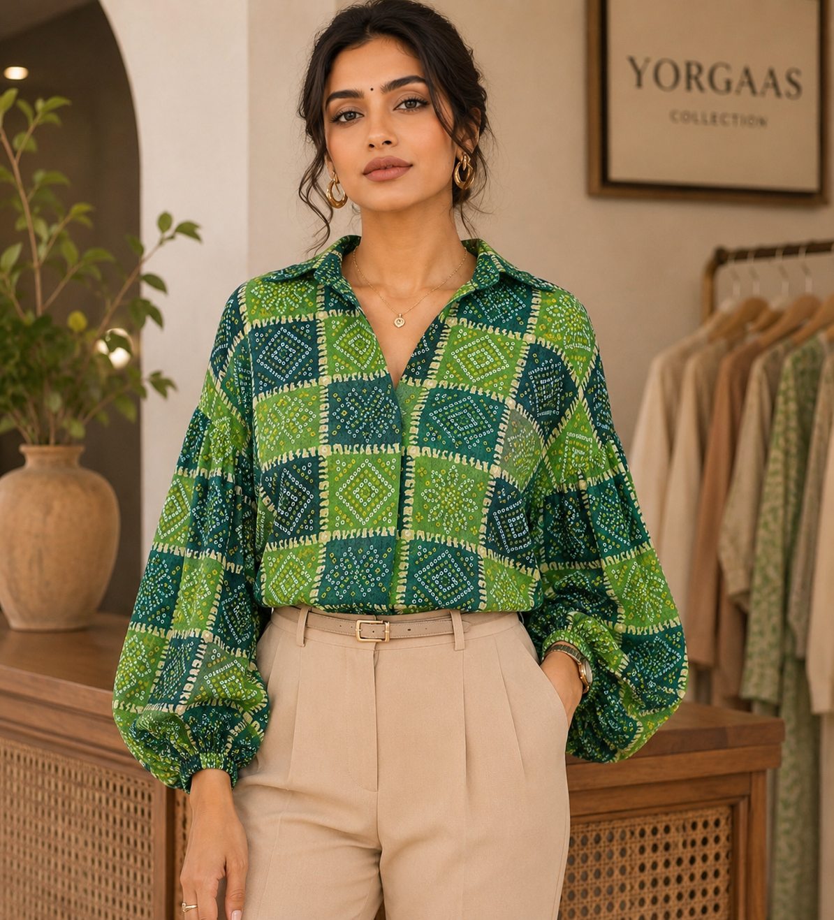 Emerald Green Printed Oversized Shirt Women's