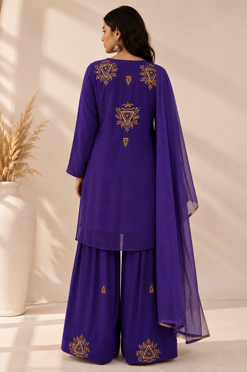 Royal Purple Gold Motif Palazzo Suit Set