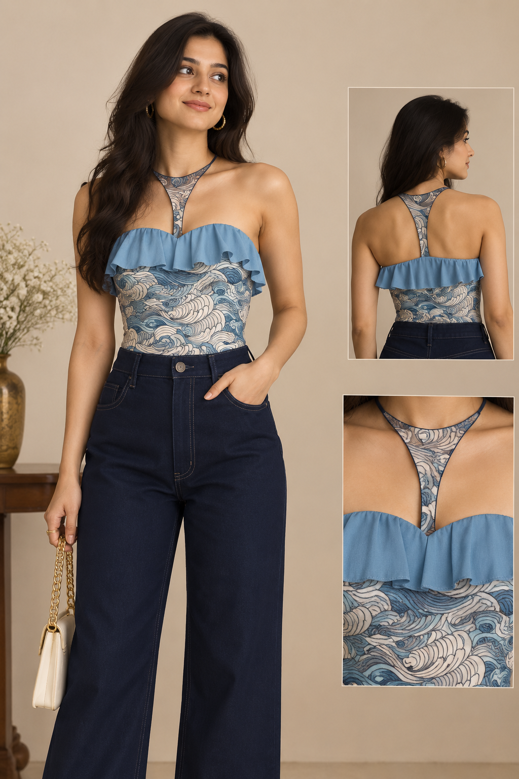 Blue Printed Ruffle Halter Bodysuit