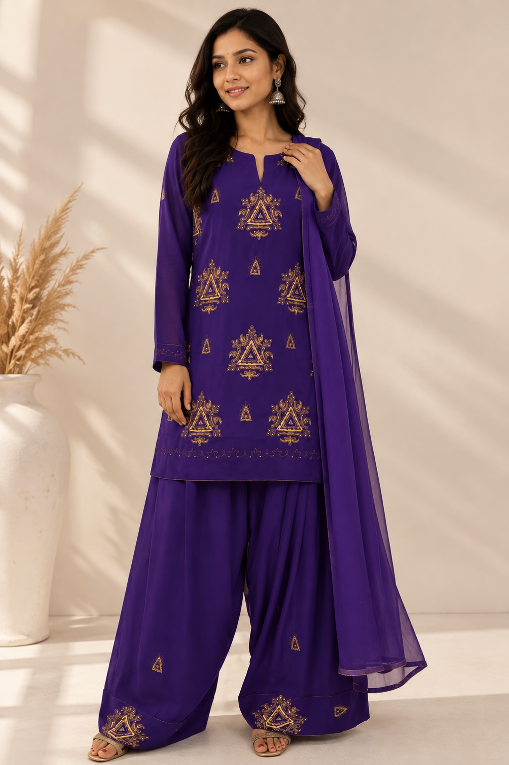 Royal Purple Gold Motif Palazzo Suit Set
