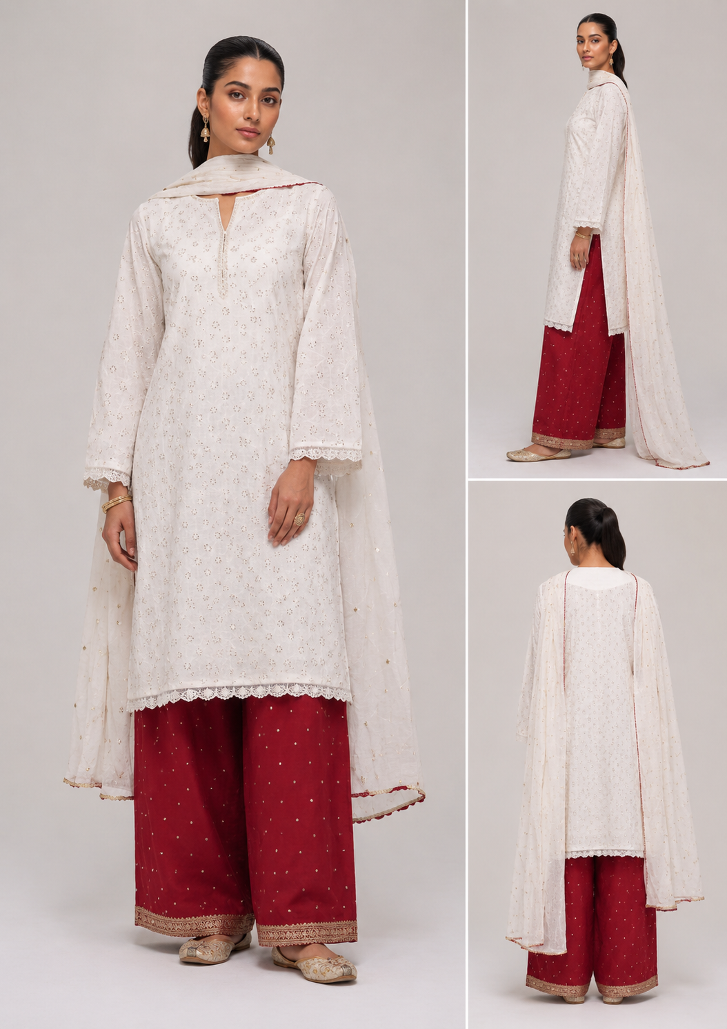 Pearl White & Maroon Chikankari Palazzo Suit Set