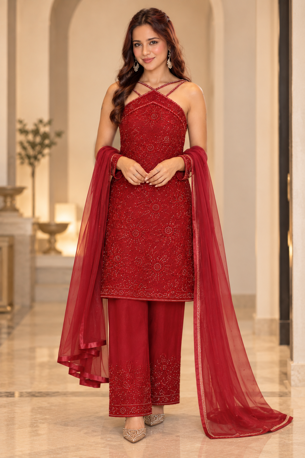 Crimson Bloom Sequin Suit Set