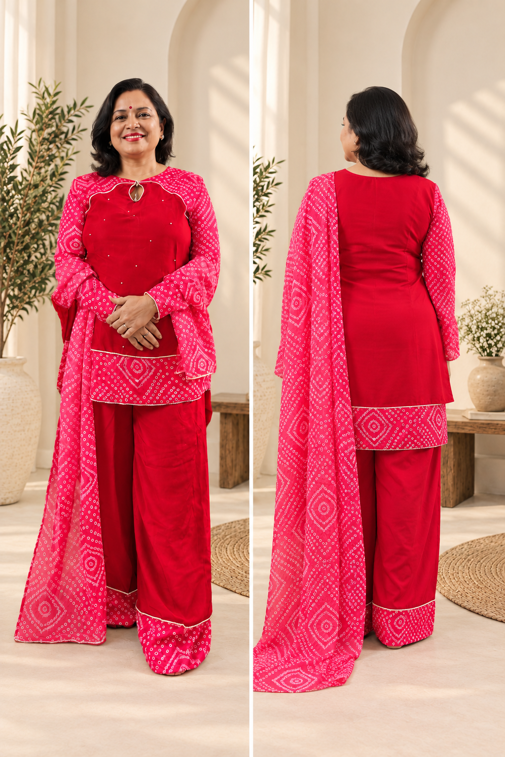 Ruby Bandhani Embroidered Suit Set