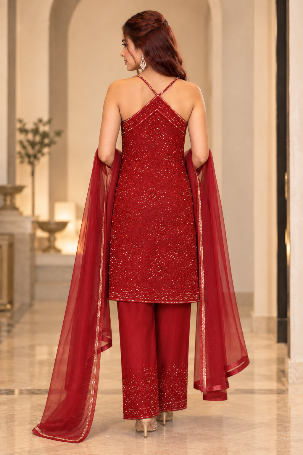 Crimson Bloom Sequin Suit Set