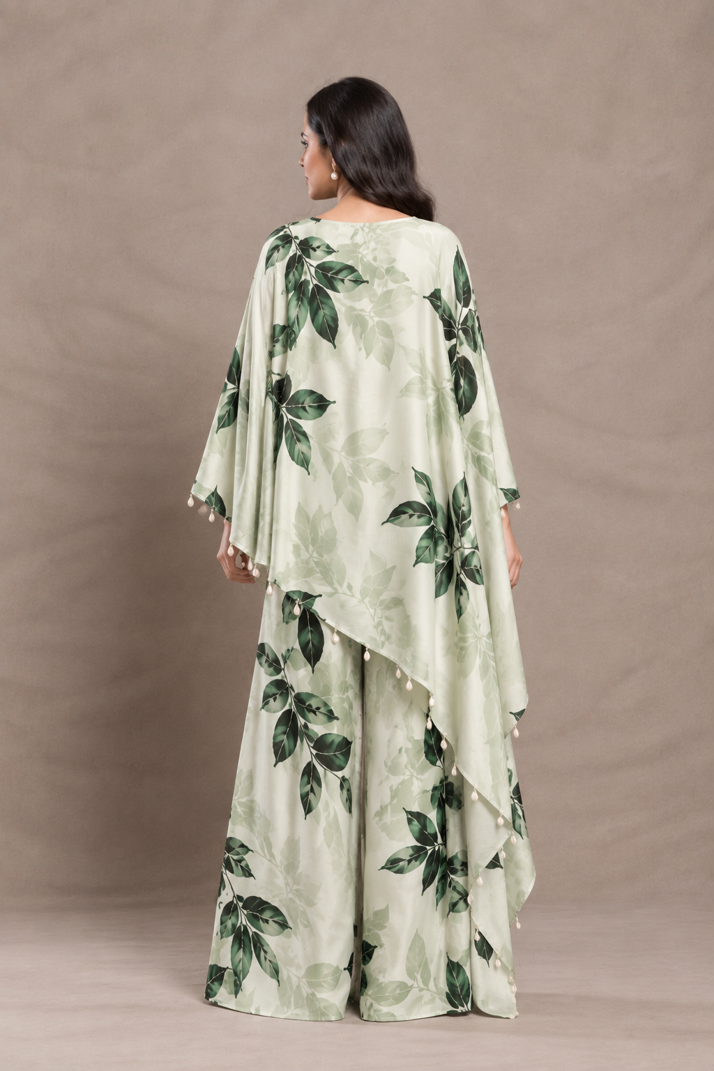Ivory Green Botanical Print Kaftan Palazzo Set