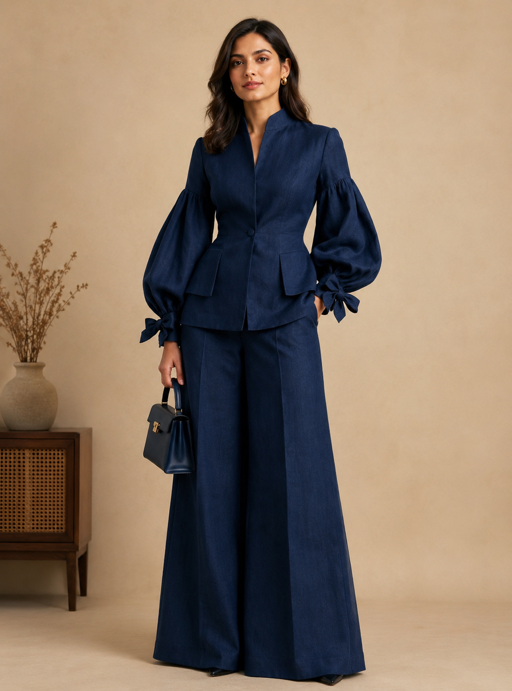 Deep Navy Balloon-Sleeve Trouser Set