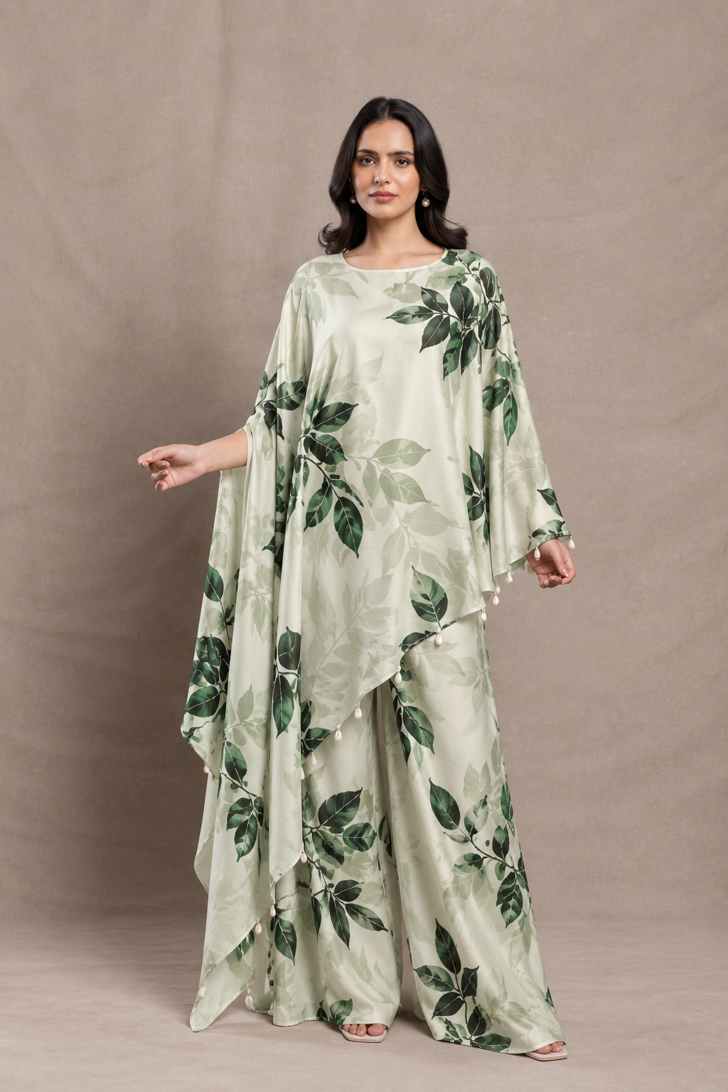 Ivory Green Botanical Print Kaftan Palazzo Set
