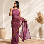 Golden Lattice Wine Saree Women's