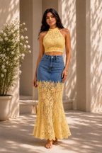 Halter Lace Top & Denim Skirt Co-Ord