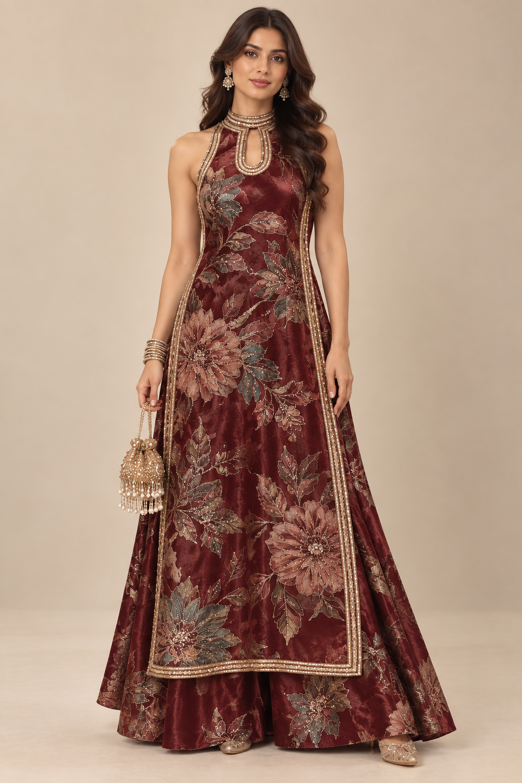 Burgundy Bloom Velvet Anarkali Set