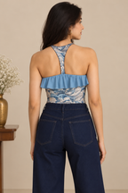 Blue Printed Ruffle Halter Bodysuit
