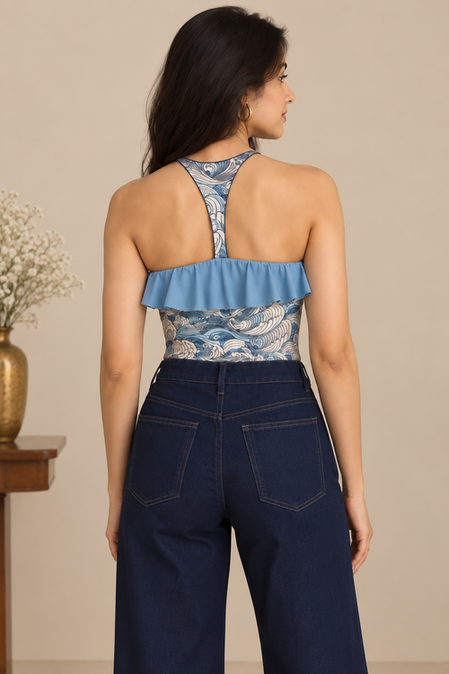 Blue Printed Ruffle Halter Bodysuit