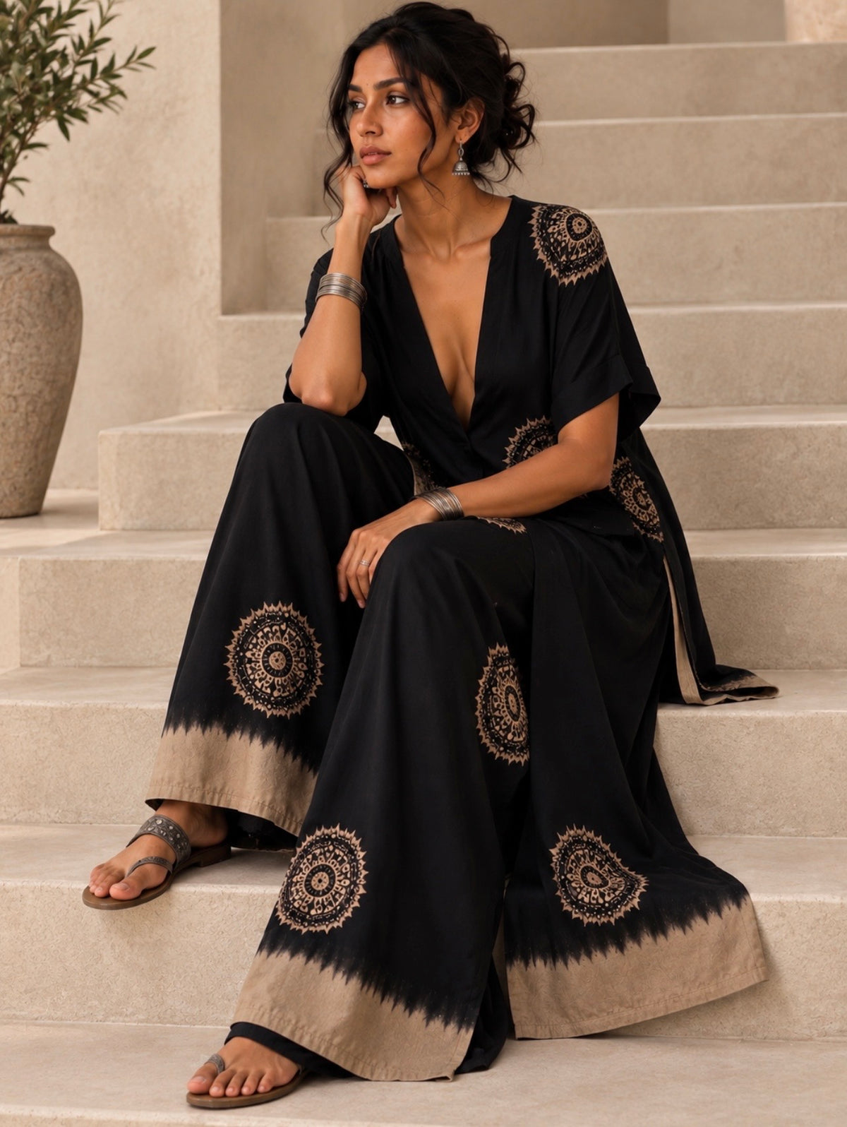 Black Mandala Printed Kaftan Co-ord Set