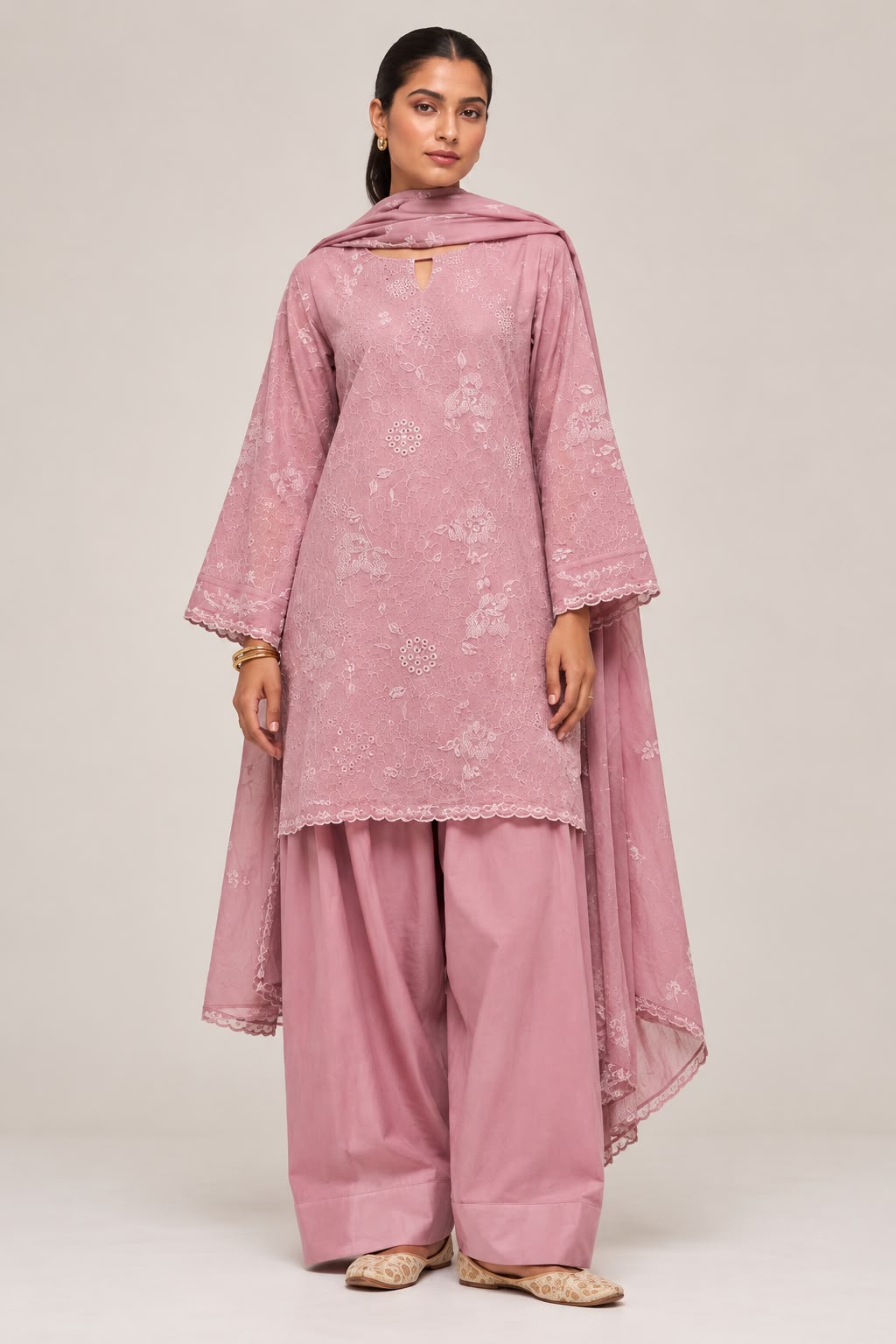 Dusty Rose Pink Embroidered Anarkali Suit Set