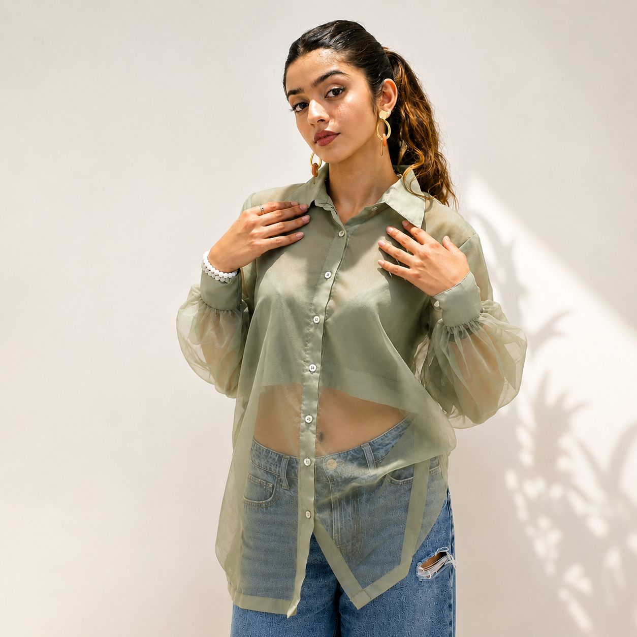 Sage Sheer Organza Women's Shirt