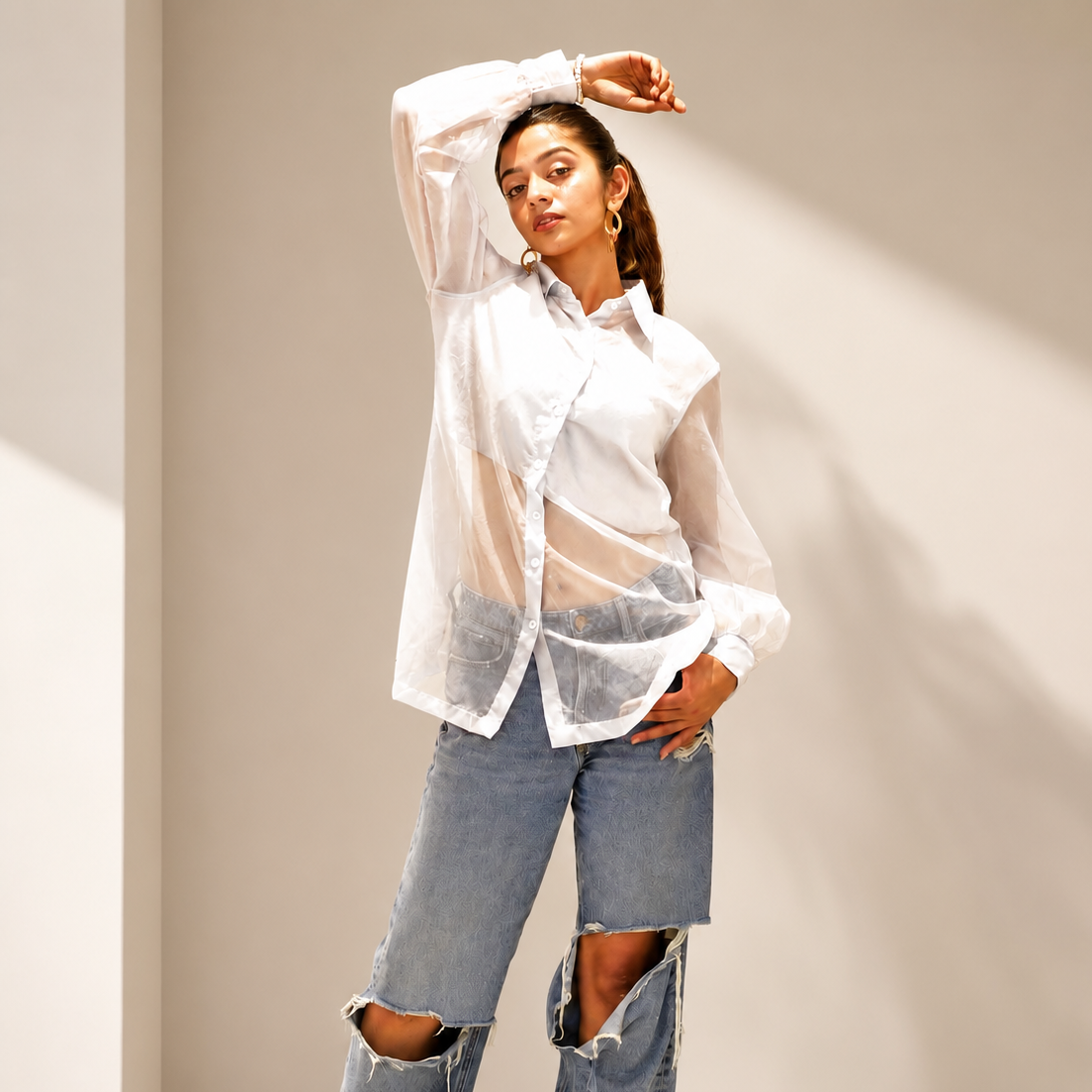 Premium White Organza Button-Down Shirt